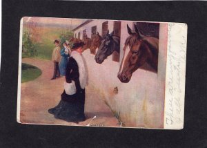 Victorian Woman & Horses In Box Stalls, Antique Postcard, Stable Scene