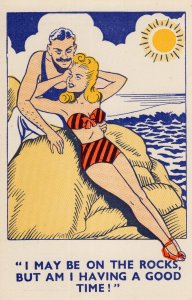 Clark Gable Lookalike Love On The Rocks Seaside Comic Old Postcard
