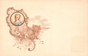 B439 Glamour Lady Portrait Cherubs Castle litho vintage postcard