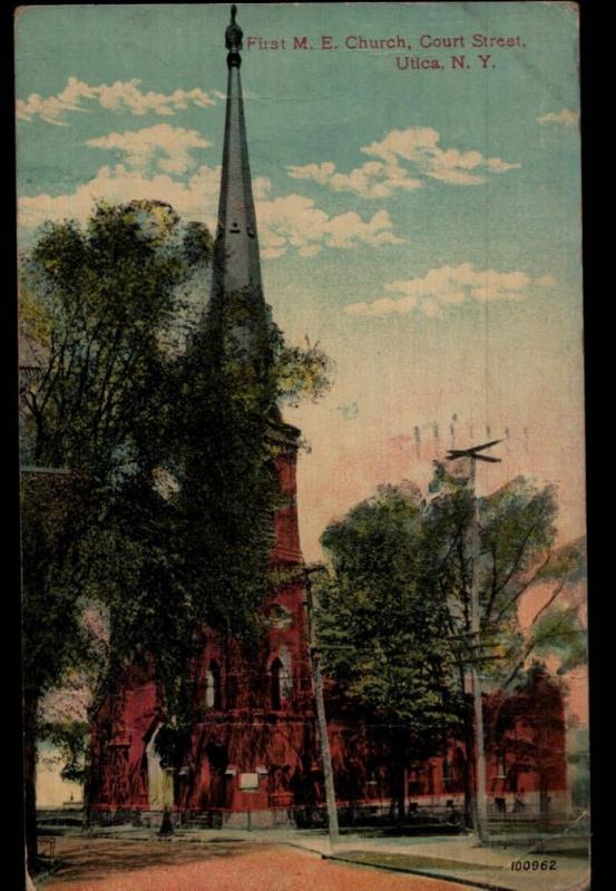 Utica NY Mayer AZ First ME Church Court Street Bert Nelson Vintage Postcard A43