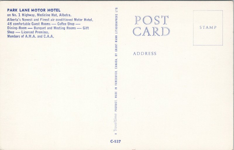 Park Lane Motor Hotel Medicine Hat AB Alberta Motel Unused Vintage Postcard F57