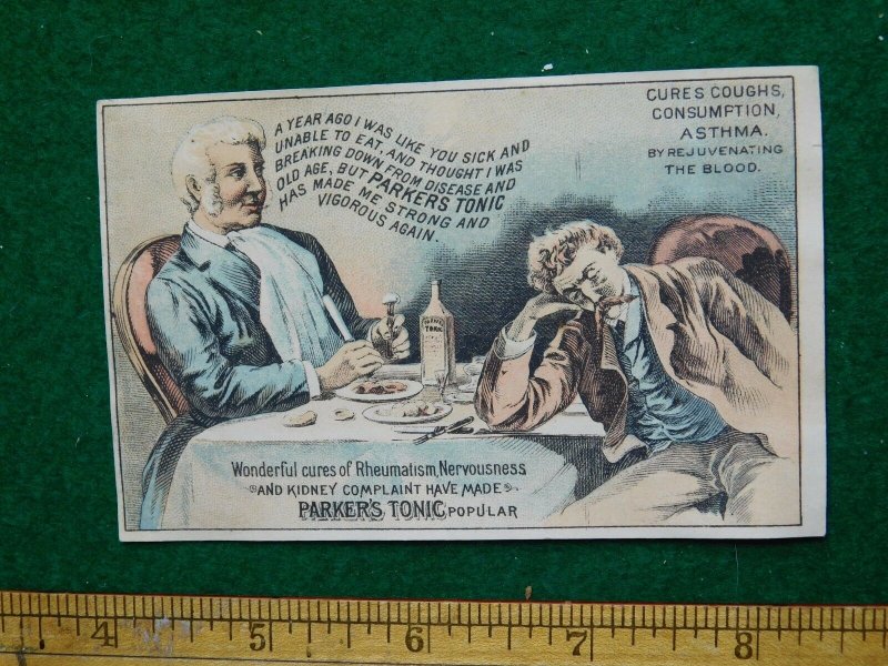 1870s-80s Parker's Tonic Hair Balsam Men at Dinner Victorian Trade Card F33