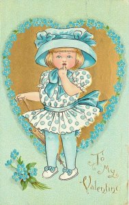 Embossed Valentine Postcard Tuck Dainty Dimples 3 Blonde Girl in Blue w/Umbrella