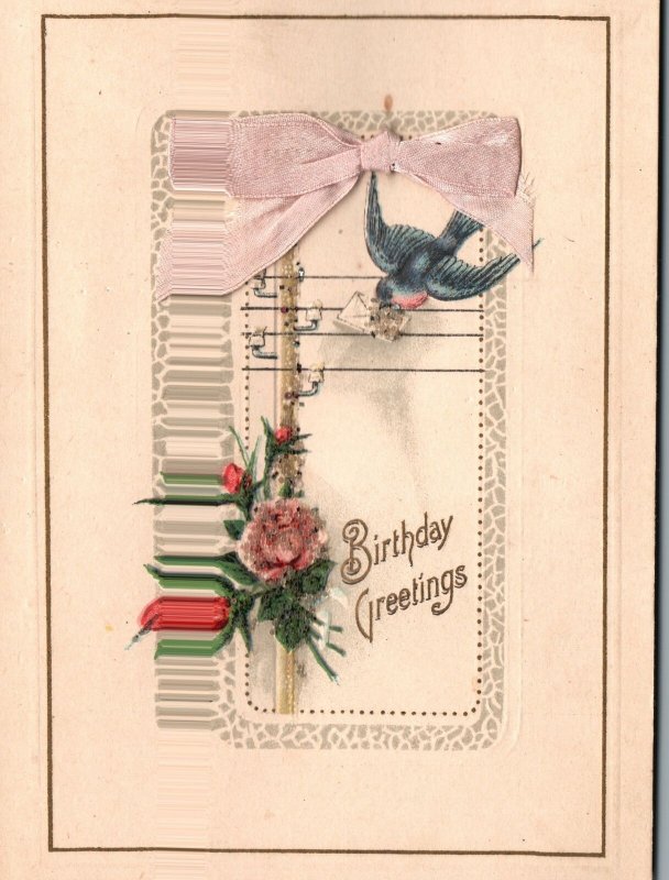 ​Vintage Postcard 1910's A Happy Birthday Greetings Bird with Envelope & Flowers