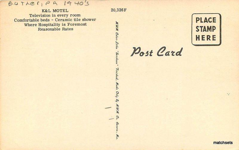 1940s Butler Pennsylvania  K& L Motel roadside MWM postcard 9552 