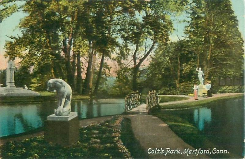 Hartford, Connecticut Colt's Park, Statues, Water, Bridge 1910 Postcard