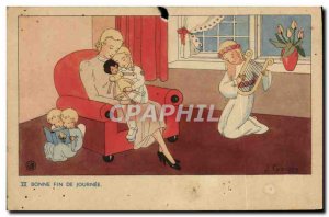 Old Postcard Happy End Of Day Children Harp