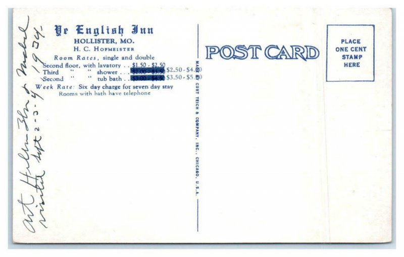 Postcards HOLLISTER, MO Lobby Mezzanine YE ENGLISH INN