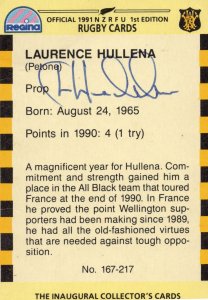 Laurence Hullena Wellington NZ Rugby Team 1991 Hand Signed Card Photo