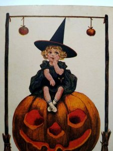 Vintage Halloween Postcard Little Witch Sits On GIANT Pumpkin Series 182 Ullman  