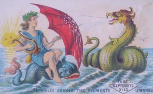 1800s Fantasy Hercules Dragon Harp Sun Neptunite Dyed Umbrella Trade Card