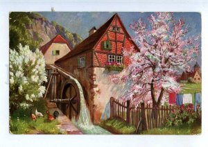 240793 SPRING Rural Life WATER MILL Rooster Vintage postcard