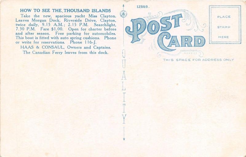 Thousand Islands New York~Passengers Cruise Yacht Miss Clayton~c1920s Postcard