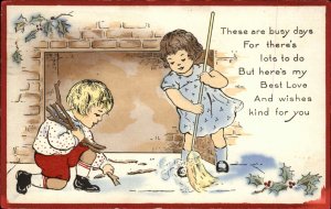 Whitney Christmas Cute Kids Children Sweeping Cleaning c1910 Postcard