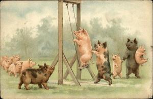 Pig Fantasy Pigs Playing at Playground Swinging c1910 Pos...