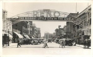 RPPC RENO, Nevada NV ~ Arch VIRGINIA STREET Scene 1930s Frasher PM 1961 Postcard