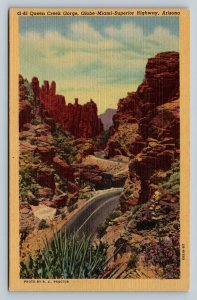 Queen Creek Gorge Globe-Miami-Superior Highway AZ Vintage Linen Postcard 1669