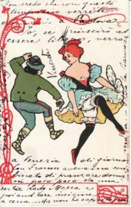 ART   LADY with RED HAIR & MAN DANCING  1901 postcard