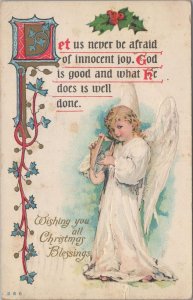 Postcard Wishing You All Christmas Blessings Angel Playing Harp