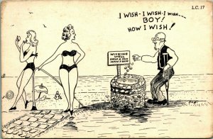 Comic Old Man Wishing Well Risque Women Bikini Chrome Postcard Cook Co L C 17