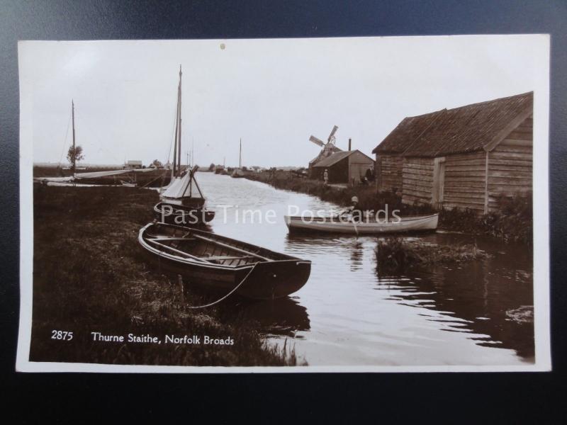 Norfolk Broads THURNE STAITHE shows rowing boat & Windmill c1945 RP by
