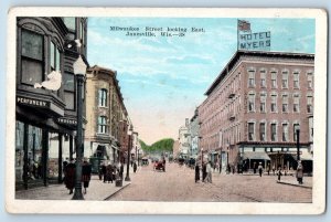 Janesville Wisconsin WI Postcard Milwaukee Street Looking East Buildings c1920