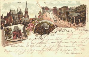 Germany Gruss aus Aachen Dom Elisenbrunnen Litho Postcard 03.68