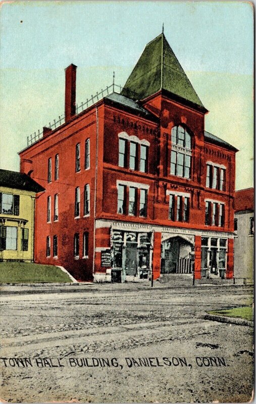 Town Hall Building Danielson Connecticut CT Antique Postcard PM Cancel WOB Note 