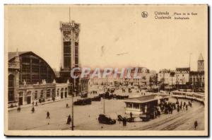 Old Postcard Belgium Ostend Station Square