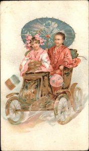 Children in Japanese Costumes Very Early Car Chinese Lantern Parasol Postcard