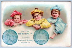 NEWMAN BROTHERS PIANOS & ORGANS CHICAGO ILLINOIS VICTORIAN TRADE CARD 3 CHILDREN