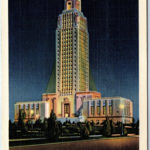 1936 Baton Rouge LA State Capitol Building Night Linen Photo Francis Pullen A228