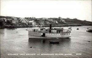 Monhegan ME Steamer Boat May Archer in Harbor c1910 Image 1950s Kodak RPPC