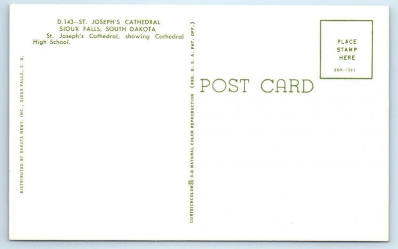 SIOUX FALLS, SD ~ St. Joseph's Cathedral & CATHEDRAL HIGH SCHOOL 1960s Postcard
