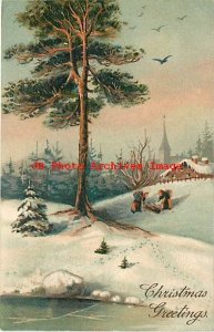 Christmas, PFB No 9043-4, People Gathering Wood in Snow Covered Field