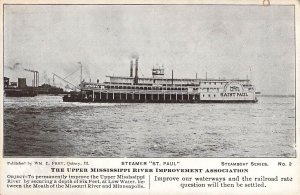 c.'07  River Boat Steamer St Paul, Upper Ms River Improv.Assn,  IL,Old Post Card