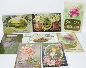Vintage Antique Postcard Lot (8) Embossed Easter Birthday Greeting Early 1900s