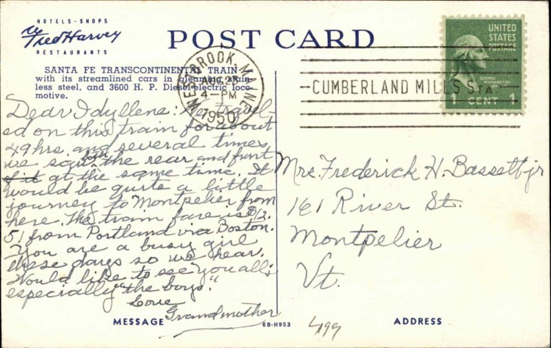 Santa Fe RR Train Fred Harvey H-4510 Nice Linen Postcard