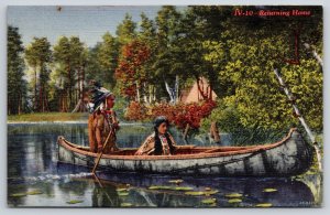 Native Americana~Returning Home~Indian Canoe Boat Scene~Linen 1946 Postcard
