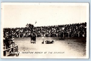 Harve Montana MT Postcard RPPC Photo Champion Roper At The Roundup Rodeo 1929
