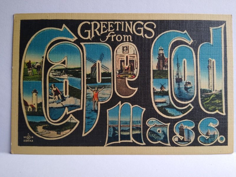 Greetings From Cape Cod Massachusetts Large Big Letter Linen Postcard Unused 