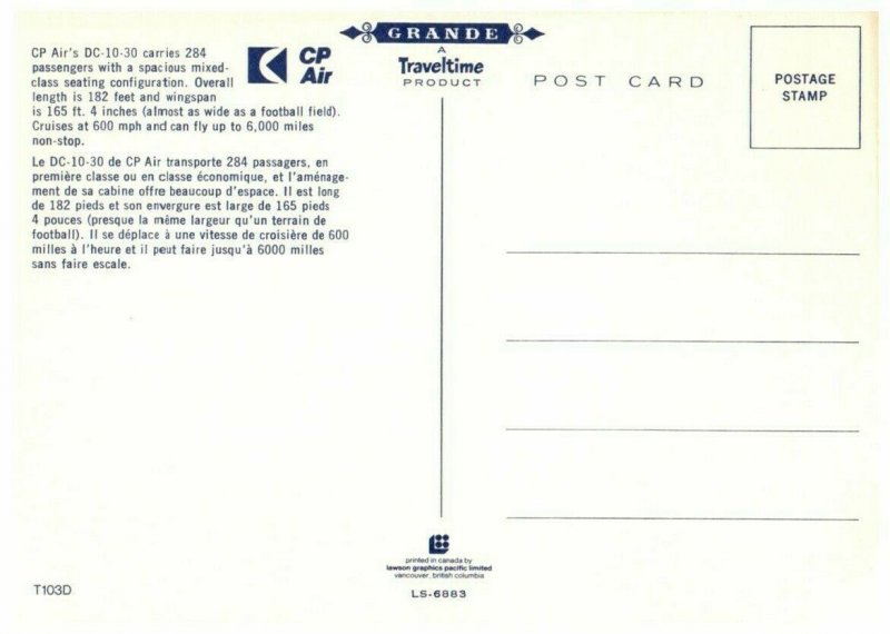 CP Air DC 10 30  Airplane Postcard Airline Issued