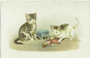 1970's-80's Kittens Cats Playing with Doll Victorian Trade Card P116