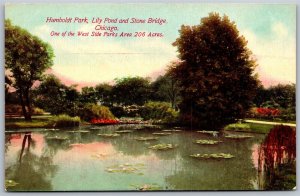 Vtg Chicago Illinois IL Humboldt Park Lily Pond Stone Bridge 1910s View Postcard