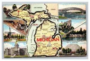 Vintage 1940's Postcard Greetings From Michigan - Giant Map Ford Rotunda Bridges