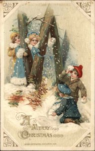Winsch Christmas Victorian Children Snowball Fight c1910 Vintage Postcard