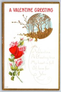 A Valentine Greeting, Rhyme, Red Roses, Hearts, Vintage Postcard #2, V-147