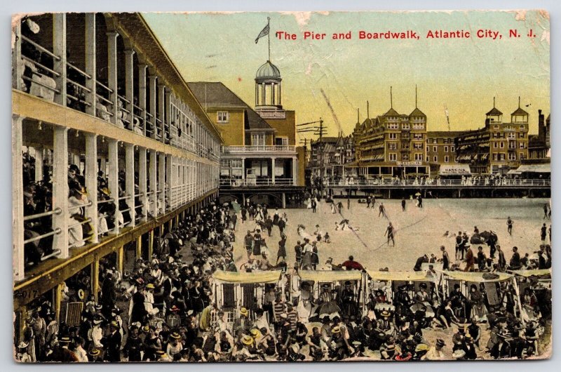 1910's Pier & Boardwalk Atlantic City New Jersey NJ Crowd Beach Posted Postcard