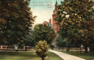 Vintage Postcard 1910 Union Park Showing High School Akron OH Ohio Fountain