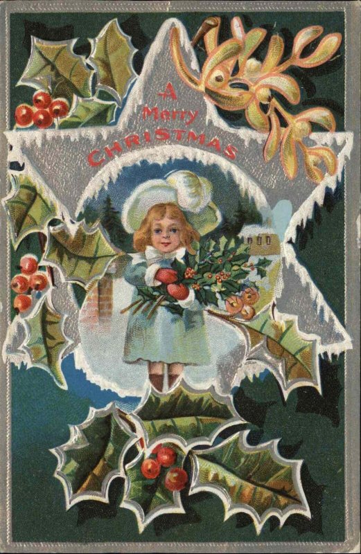 Christmas Little Girl Gathering Holly Star Border Embossed c1910 Postcard